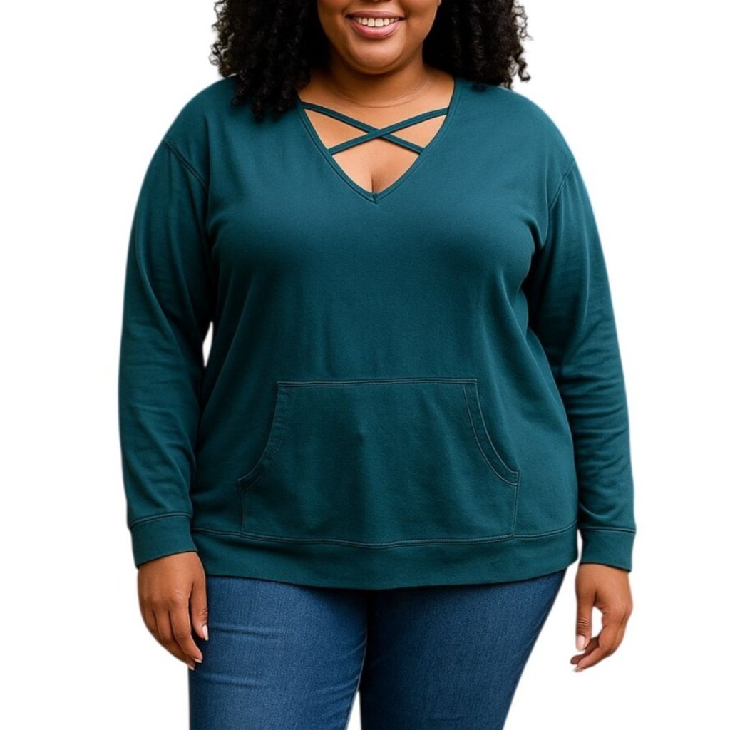 Bcg Size Xl Pullover Top Strappy V-Neck Long Sleeve Teal Casual Pocket Style